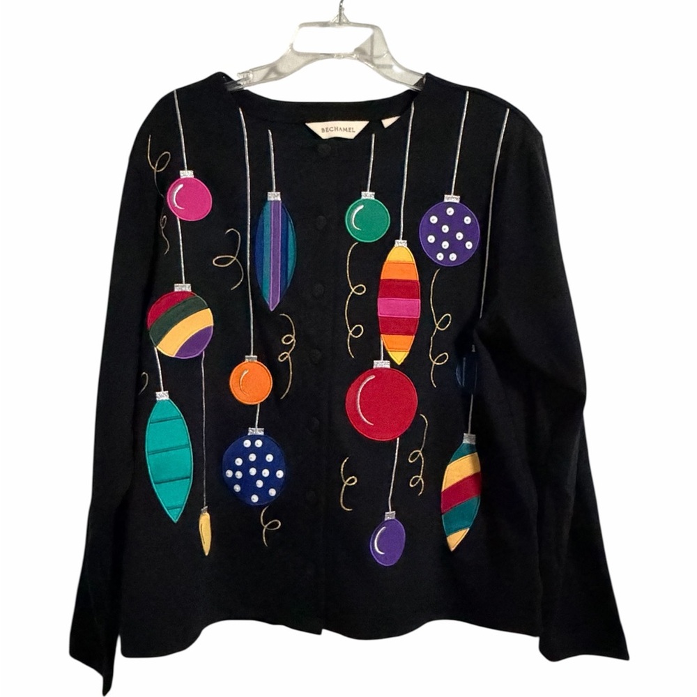 NWT Bechamel Black Cardigan Colorful Embroidered Christmas Ornament Design - L